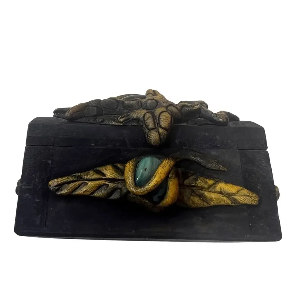 Southeast Asian Wooden Handmade Trinket Box Crocodile Carved Semi-precious Stone